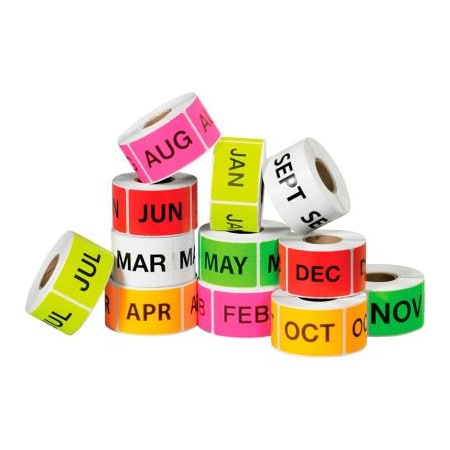 Box Packaging 12 Months Of The Year Easy Order Labels, 3"L x 2"W, Assorted Colors, 12 Rolls of 500 DL1238